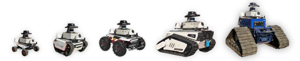 Flotta di cinque robot autonomi MOLIRIS su ruote e cingoli, dal modello compatto Wheeled Mini alla piattaforma Heavy Duty per applicazioni impegnative.